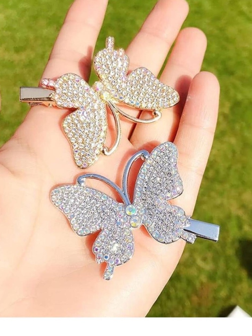 NWT set of 2 crystal embossed butterfly hair clips silver and gold tone